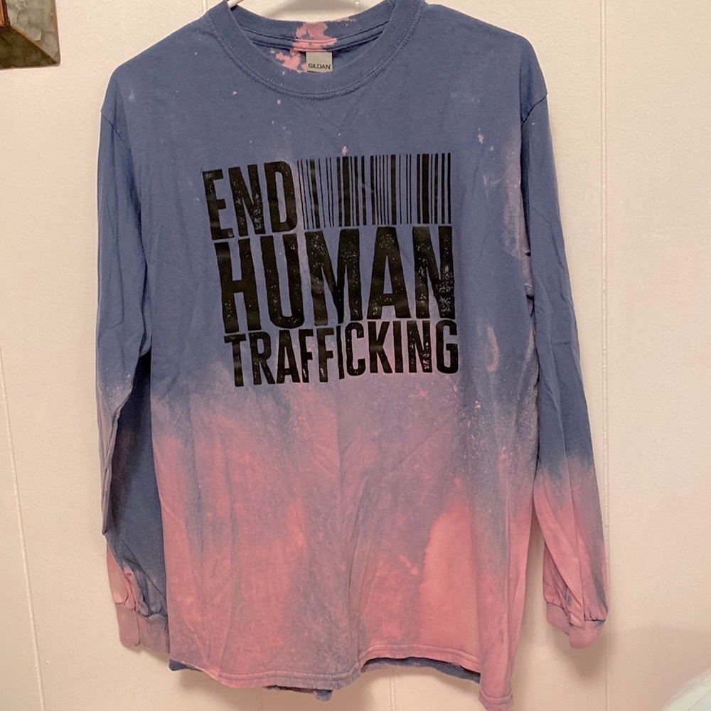 Gender Neutral, Long sleeve T-shirt, Ombre pink and blue tie dye design.